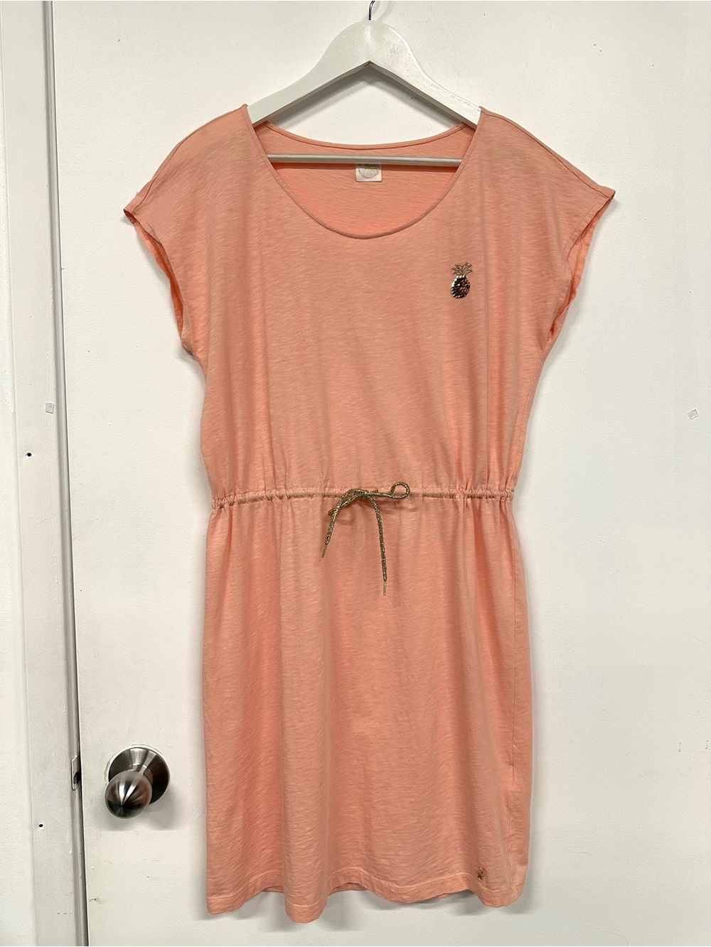 Des Petits Hauts peach cotton dress Medium drawstring jersey pineapple sequin